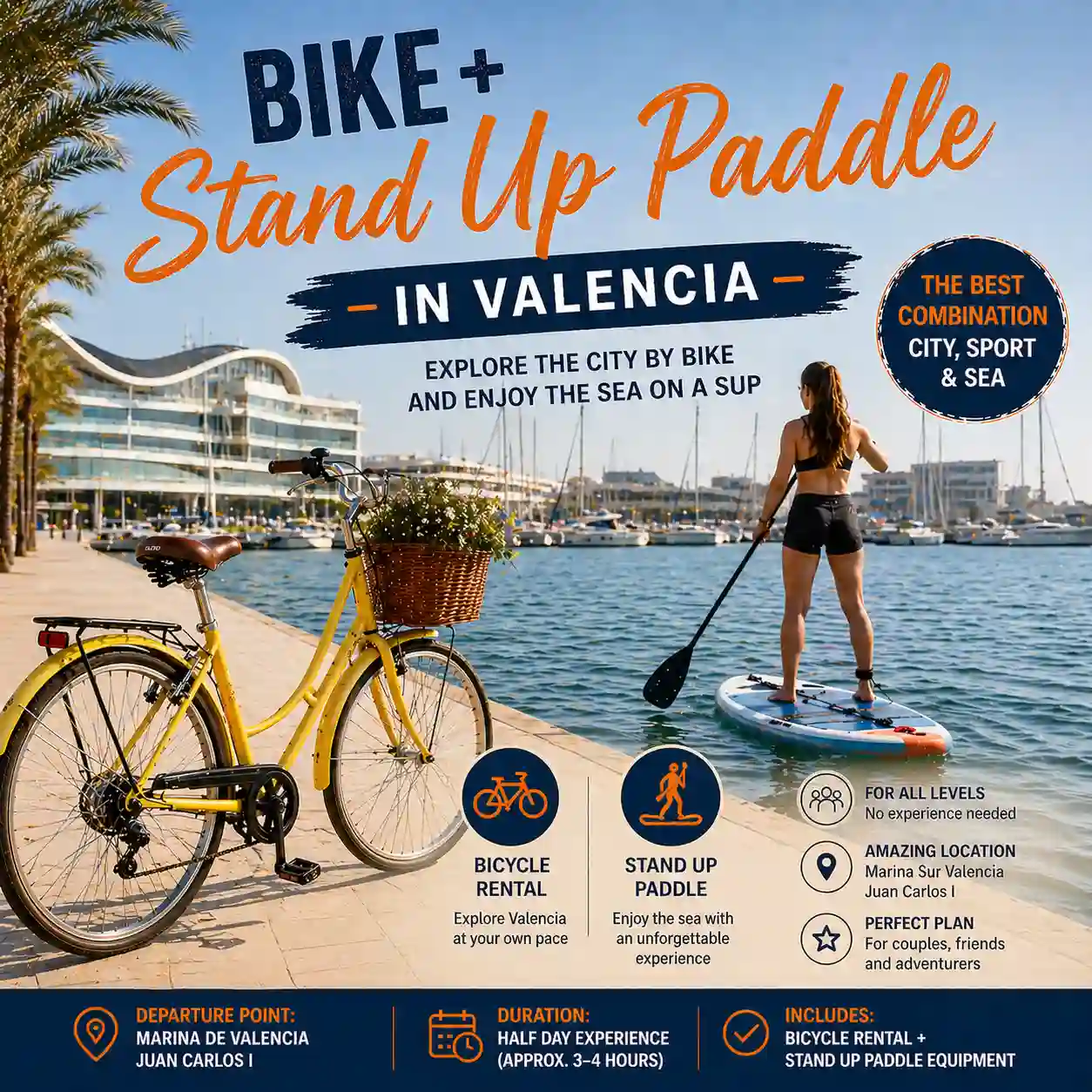Alquiler de Bicicleta + Paddle Surf en Valencia | Pack Aventura Marina